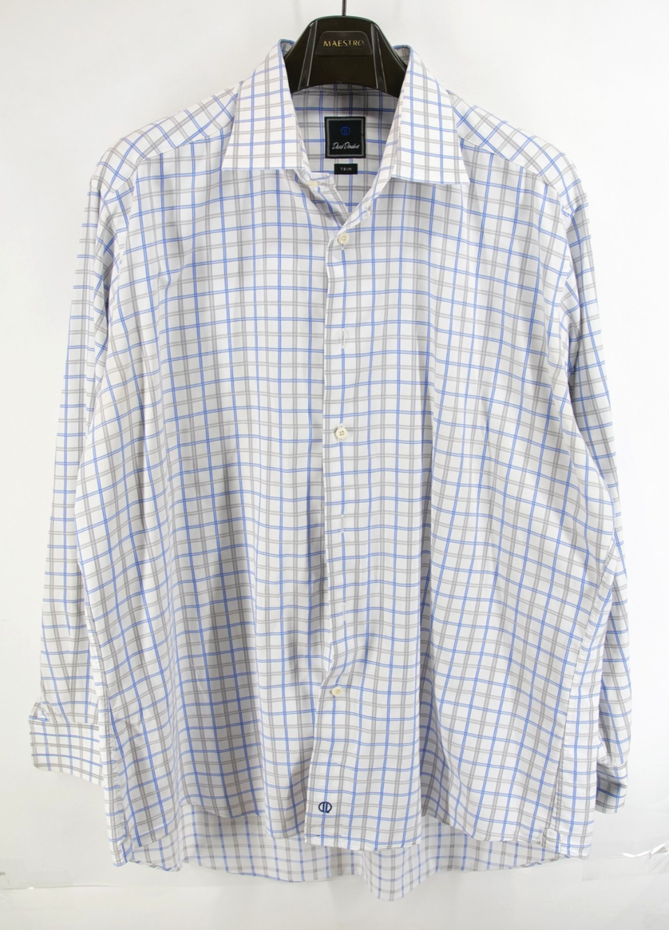 David Donahue Trim Fit Shirt Men's 18.5 34/35 Blue Plaid Button Up Cotton Check